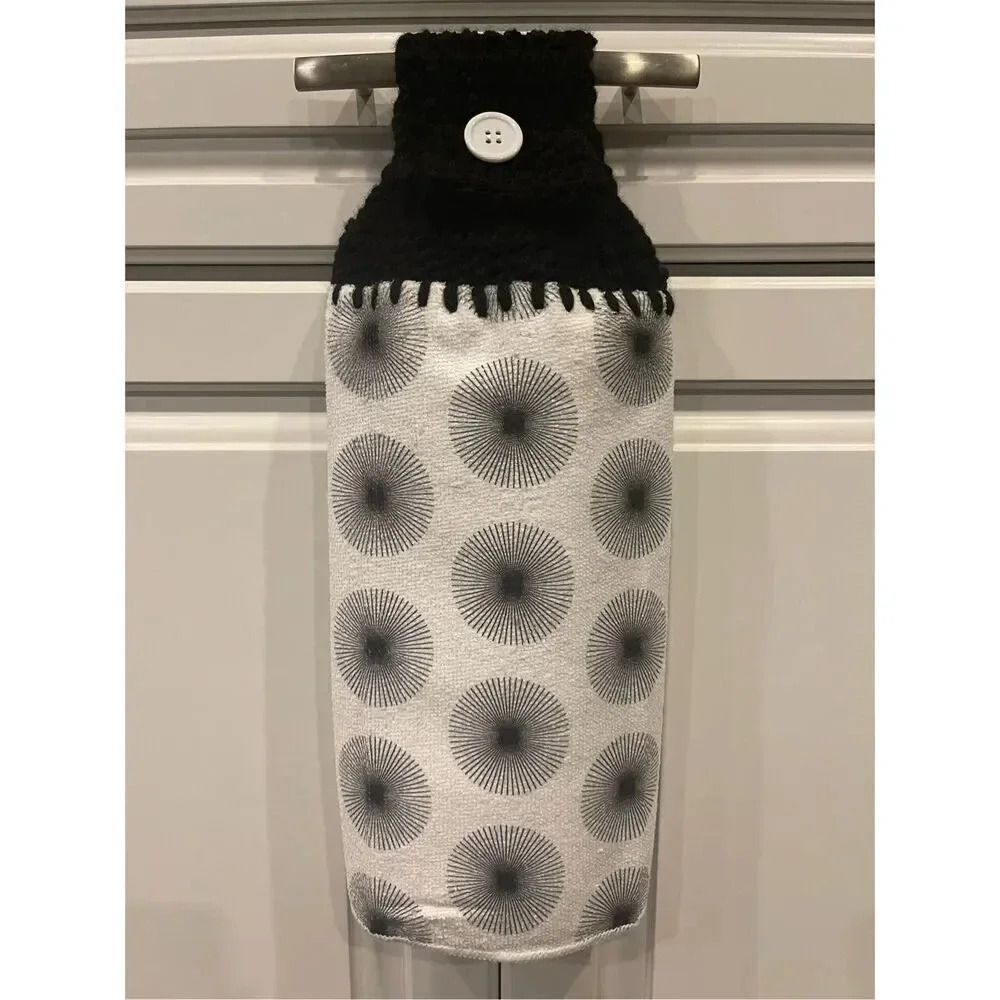 Crochet Top Kitchen Towel- Black and White Geometric Pattern